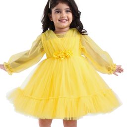 Babyhug Woven Full Sleeves Party Dress With Floral Corsage - Yellow-picture-9