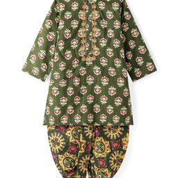 Babyhug Cotton Woven Full Sleeves Floral Printed Kurta & Dhoti Set - Olive Green-image-79
