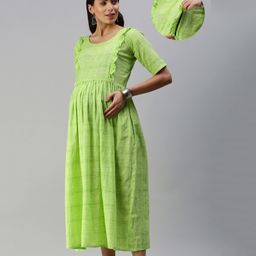 Swishchick Cotton Half Sleeves Frill Detailed Solid Maternity Dress With Concealed Zipper Nursing Access - Green-image-98