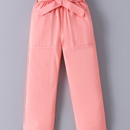 Mark & Mia Full Length Solid Cotton Trouser With Paper Bag Waist & Bow Applique - Pink-image-53