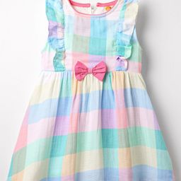 Dew Drops Cotton Woven Frill Sleeves Checks Frock With Bow Applique - Multicolor-image-12