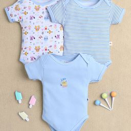 BUMZEE Cotton Knit Half Sleeves Striped & Animal Printed Onesies Pack of 3 - Light Blue & White-picture-47