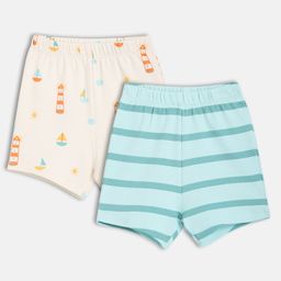 MINI KLUB Cotton Knit Pack Of 2 Lighthouse Printed & Striped Shorts - Off White & Blue-image-9