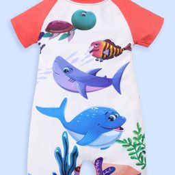 Kiddopanti Half Raglan Sleeves Sea Life Printed Legged Swimsuit - Neon Peach & White-image-51