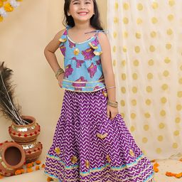BownBee Pure Cotton Woven Sleeveless Baby Elephants Printed & Gota Lace Embellished Lehenga Choli Set - Blue-picture-39