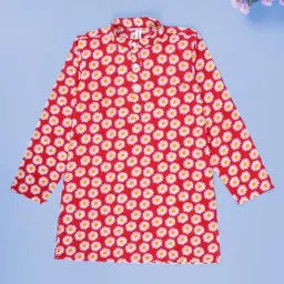 Kiddopanti Cotton Woven Full Sleeves Daisy Printed Kurta - Red & White-picture-21