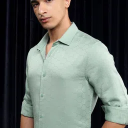 HIGHLANDER Men Spread Collar Textured Self Design Cotton Slim Fit Casual Shirt-image-36