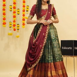 Fabcartz Embroidered Sequinned Semi-Stitched Lehenga & Unstitched Blouse With Dupatta-17