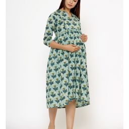CRAFIQA Three Fourth Sleeves Floral Motif Printed Maternity Dress With Concealed Zipper Nursing Access - Light Blue image 5