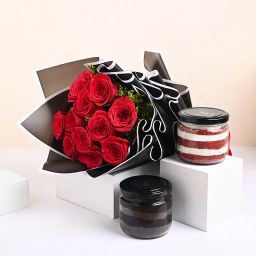 Red Rose Bouquet With Red Velvet N Choco Jar Cake-32