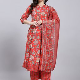 THE FAB FACTORY Floral Printed V Neck A Line Kurta With Trousers & Dupatta-57