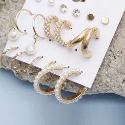 TheVineGirl Set Of 9 Gold-Plated Alloy Pearls Hoop Earrings-picture-20