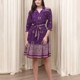 INUKA Ethnic Motifs Print Shirt Collar Three-Quarter Sleeve Knee Length A-Line Dress-image-10