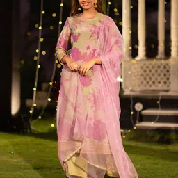 Ambraee Floral Printed Straight Kurta with Palazzos & Dupatta-9