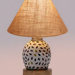 Devansh Beige & White Printed Wooden Frustum Shaped Table Lamp With Mosaic Glass Base image 3