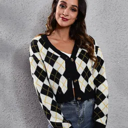 Oh Rare Women Geometric Self Design Crop Cardigan-image-93