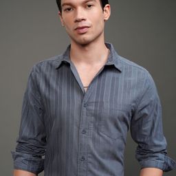 HIGHLANDER Men Slim Fit Cutaway Collar Vertical Striped Cotton Casual Shirt-picture-40