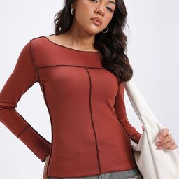 glitchez Stitch Detail Boat Neck Slim Fit Top-image-3