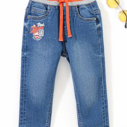 Babyhug Cotton Full Length Stretchable Denim Jeans Text Embossment - Blue-image-95