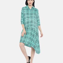 Blush 9 Three Fourth Sleeves Checkered Maternity & Nursing Asymmetrical Hem Flared Shirt Dress - Blue-image-28