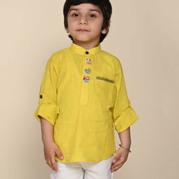 LIL PITAARA Boys Pure Cotton Full Sleeves Pocket Striped Embroidered With Train Engine Button Detail Shirt - Yellow-image-67