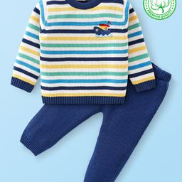 Babyhug Organic Cotton Knit Full Sleeves Striped Sweater & Pajama Set With Cap Ship Embroidery - Multicolour-image-50