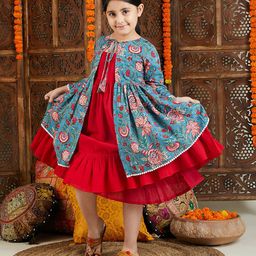 Vastramay Three Fourth Sleeves Flared Dress With Blue Kantha Work Embellished Jacket - Red & Aqua Blue-image-2