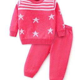 Babyhug Knitted Full Sleeves Sweater Set With Star Design - Pink-picture-10