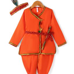 Babyhug Woven Full Sleeves Jamna Set with Forehead Cap & Waistband- Orange-image-97