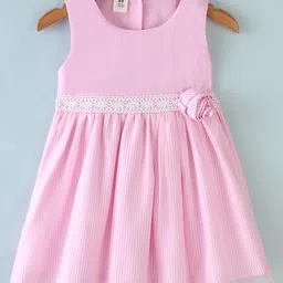 ToffyHouse Sleeveless Striped Frock With Lace Detailing and Floral Corsage - Pink-picture-47
