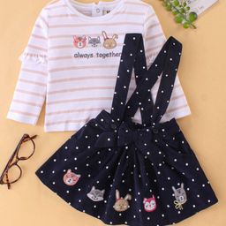 ToffyHouse Cotton Woven Full Sleeves Striped Top & Polka Dots Printed Skirt With Suspender & Animals Embroidery - Navy-image-33