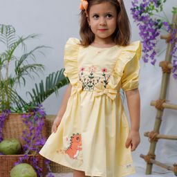 Tiny Twills Blended Half Sleeves Floral & Dinosaur Embroidered Dress - Banana Yellow-image-13