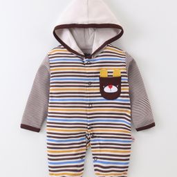 Mini Taurus Cotton Knit Full Sleeves Striped Hooded Romper with Pocket Detailing - Dark Brown-image-61