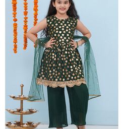 AJ Dezines Sleeveless Motif Foil Printed & Lace Embellished Kurta Pant & Dupatta Set - Dark Green-image-3