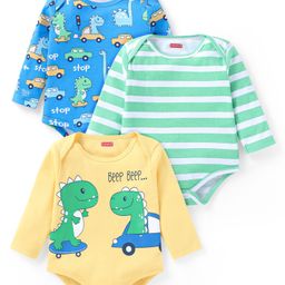 Babyhug 100% Cotton Knit Full Sleeves Striped & Dino Printed Onesies Pack of 3 - Yellow Blue & Green-image-46