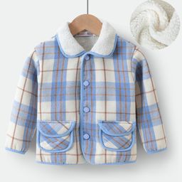 Kookie Kids Full Sleeves Checkered Jacket with Fur Detailing & Pockets - Light Blue-image-24