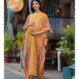 Aujjessa Cotton Batwing Sleeves Floral Printed Maternity Kaftan With Concealed Zipper Nursing Access - Yellow Multi-10