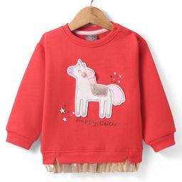 Little Kangaroos Fleece Knit Full Drop Shoulder Sleeves Sweatshirt With Unicorn Patch - Coral-image-98