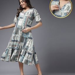 Zelena 100% Cotton Three Fourth Sleeves Paisleys Printed Maternity Dress - Multi Colour-15