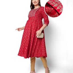 Bella Mama Three Fourth Sleeves Embroidered Yoke Maternity Kurta with Pockets & Floral Print - Red-image-53