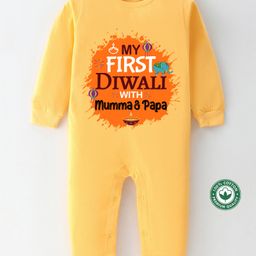 BLUSHES Diwali Theme 100% Cotton Full Sleeves My First Diwali With Mumma & Papa Text Printed Romper - Yellow-picture-40