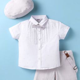 ToffyHouse Cotton Woven Half Sleeves Printed Shirt & Shorts With Bow Suspender & Hat - White & Light Grey-picture-3