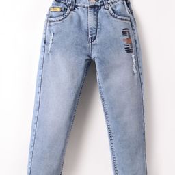 Olio Kids Full Length Distressed Washed Denim Jeans with Text Print - Light Blue-image-24