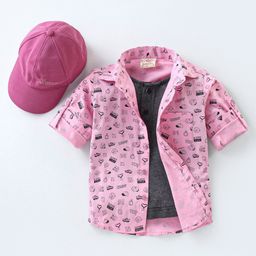 Rikidoos Full Sleeves Sports Theme Printed Shirt With Attached Tee & Cap - Pink & Black-image-91