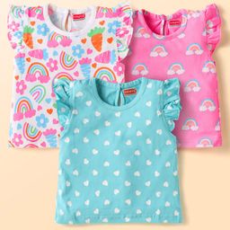Babyhug Cotton Knit Frill Sleeves T-Shirts With Polka Dot & Tropical Print Pack 3 - Pink & Light Blue-image-110