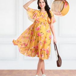 Bella Mama Woven Flutter Sleeves Maternity Dress with Floral Print - Yellow-image-27