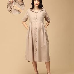 The Mom Store Cotton Blend Half Sleeves Solid Maternity Dress With Nursing Access - Beige-picture-13