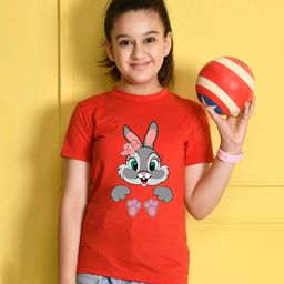 NUSYL Cotton Blend Half Sleeves Bunny Printed Tee - Red-image-96
