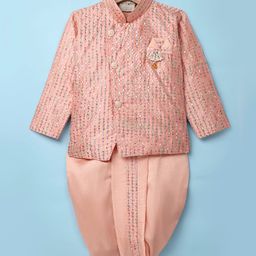 Dapper Dudes Full Sleeves Sequin Embellished & Embroidered Coordinating Dhoti Kurta - Peach-image-28