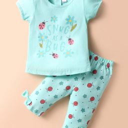 Tango Single Jersey Knit Half Sleeves Capri Night Suit with Floral Print - Aqua Blue-image-66
